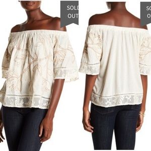 Lucky Brand Bohemian Off Shoulder Embroidered Top